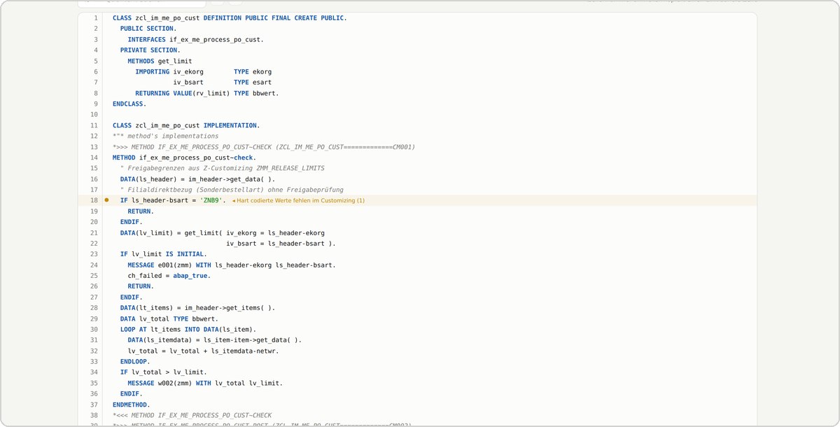 ABAP-Quelltext mit markierten Befunden an den betroffenen Zeilen
